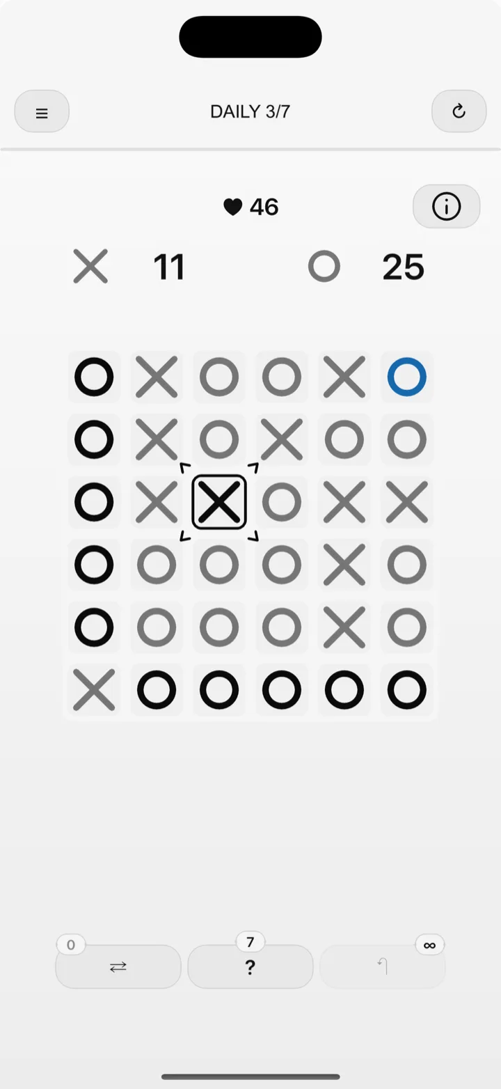 A 6×6 daily board with an X selected and its diagonal moves shown